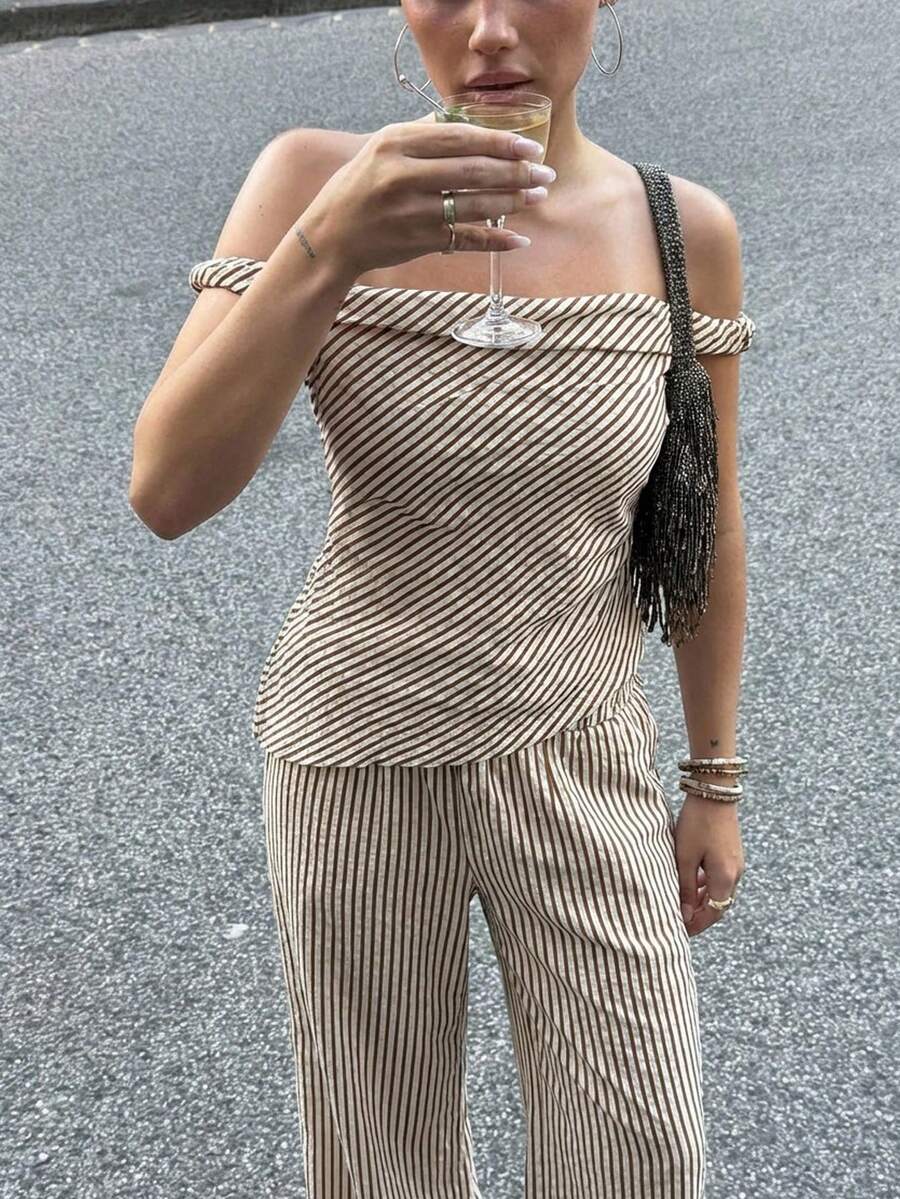 Aloruh Women's Summer 2-Piece Set, Casual Off Shoulder Asymmetrical Striped Top And Relaxed Pants, Commuting Outfit - Brown - View 1