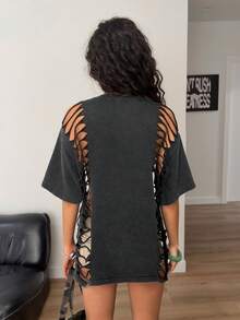 Muchica Y2k T-Shirt  Round Neck Distressed Fashionable Versatile Short Sleeve - Black - View 2