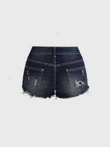 ROMWE Grunge Punk Y2K Sexy Gold Sequin Denim Mini Shorts With Exposed Waistband - Blue - View 2