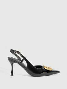 CUCCOO SZL 女士尖头漆皮黑色金属扣踝带时尚性感百搭约会之夜高跟鞋 - 黑色 - 查看 2