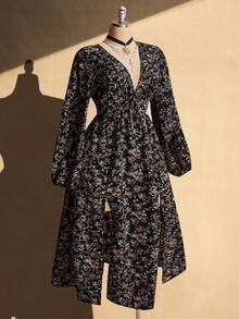 ICON Vestido de manga larga con cuello en V profundo y estampado floral diminuto para mujer de talla grande - Negro - Ver 5