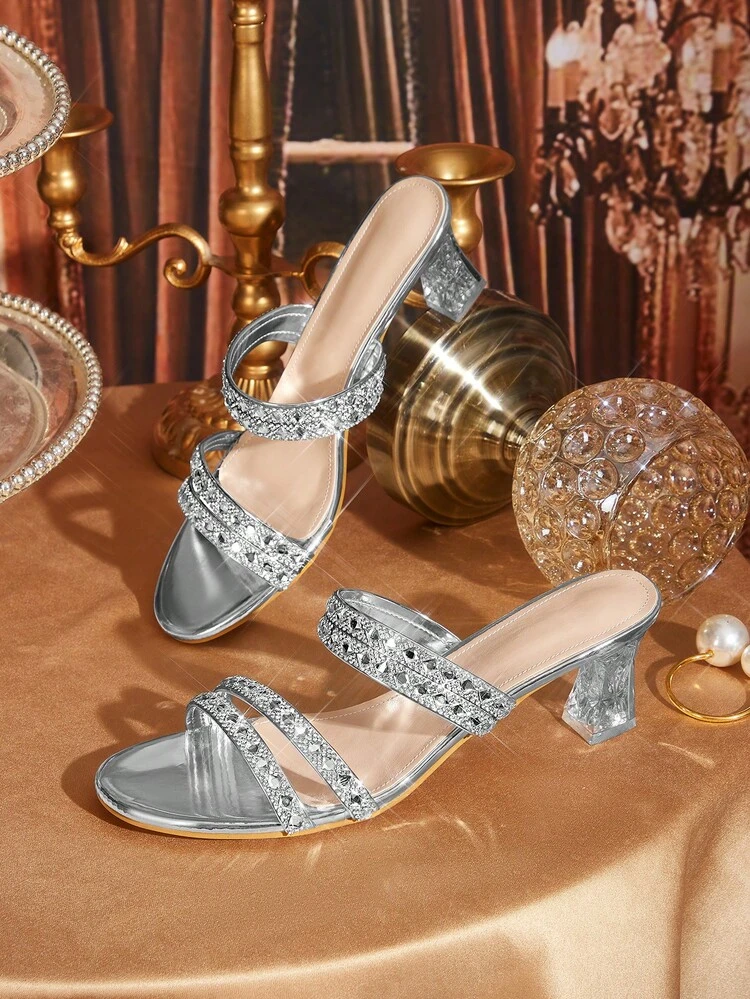 CUCCOO TILAWA Women's Round Toe Patent Leather Silver Rhinestone Strap Decoration Spring And Summer New Fashion Gorgeous Wear Thick Heel High Heel Sandals