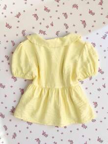 Elamini 女士泡泡袖衬衫，饰有黄色蝴蝶结，A字版型，彼得潘领，春夏款，波西米亚海滩风，甜美可爱，适合度假、返校、休闲等各种场合，百搭单品。 - 黃色 - 查看 2