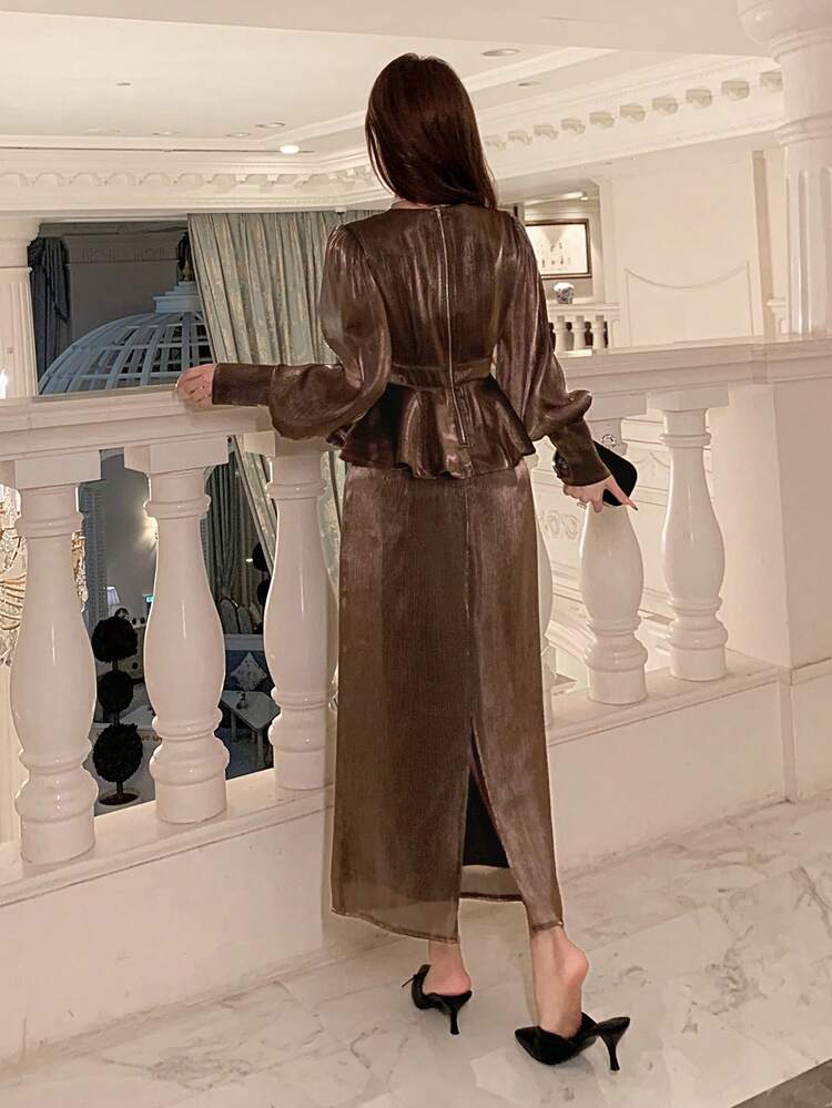 Women's Elegant Solid Color V-Neck Tie Waist Pleated Top And Skirt 2-Piece Set, Spring/Summer