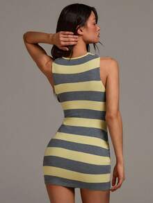 Athîral Women's Summer Casual Colorblock Striped Draped Neck Sleeveless Fitted Mini Knit Dress - Multicolor - View 1