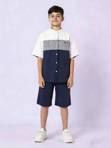 SHEIN Bộ đồ thường ngày cho bé trai tuổi teen: áo tay ngắn phối màu in logo và quần short, chất liệu cotton. - Nhiều màu - Xem 4