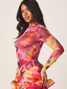 MISSGUIDED Women's Long Sleeve Floral Mesh Ruffle Detail Bodycon Midi Dress With Dramatic Layered Frill Hem Spring Party Occasion Wear - Multicolor - View 4