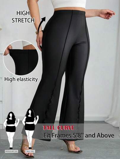 SHEIN Tall CURVE Plus Size Solid Color Minimalist Casual Pants,High-Waisted,, Tall Curve Women Clothes , Black Pants , Women's Formal Wear, Elegant,Graduation Ceremony Plus Size Flare Pants Stretchy Flare Pants