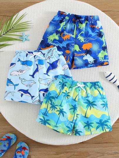SHEIN 3pcs Young Boys Toddler Boy Cutecore Swimwear, Three Color Three Pieces Set Shorts Swimsuit Beach Swimming Beach Surfing Vacation Spring And Summer,Holiday,Vacation,Swim,Teal Blue