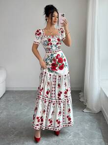 Elenzga Women's French Casual Vacation Delicate Rose Flower Collar Strap Ruffle Decor Matching Petal Sleeve Waist Ruffle A-Line Dress - Multicolor - View 7