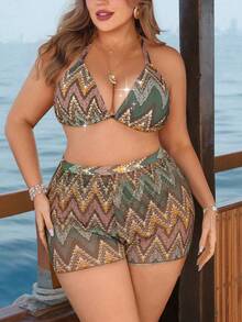 Swim Lushoire Plus Size All-Over Print Halter Backless Bikini Set - Multicolor - View 1