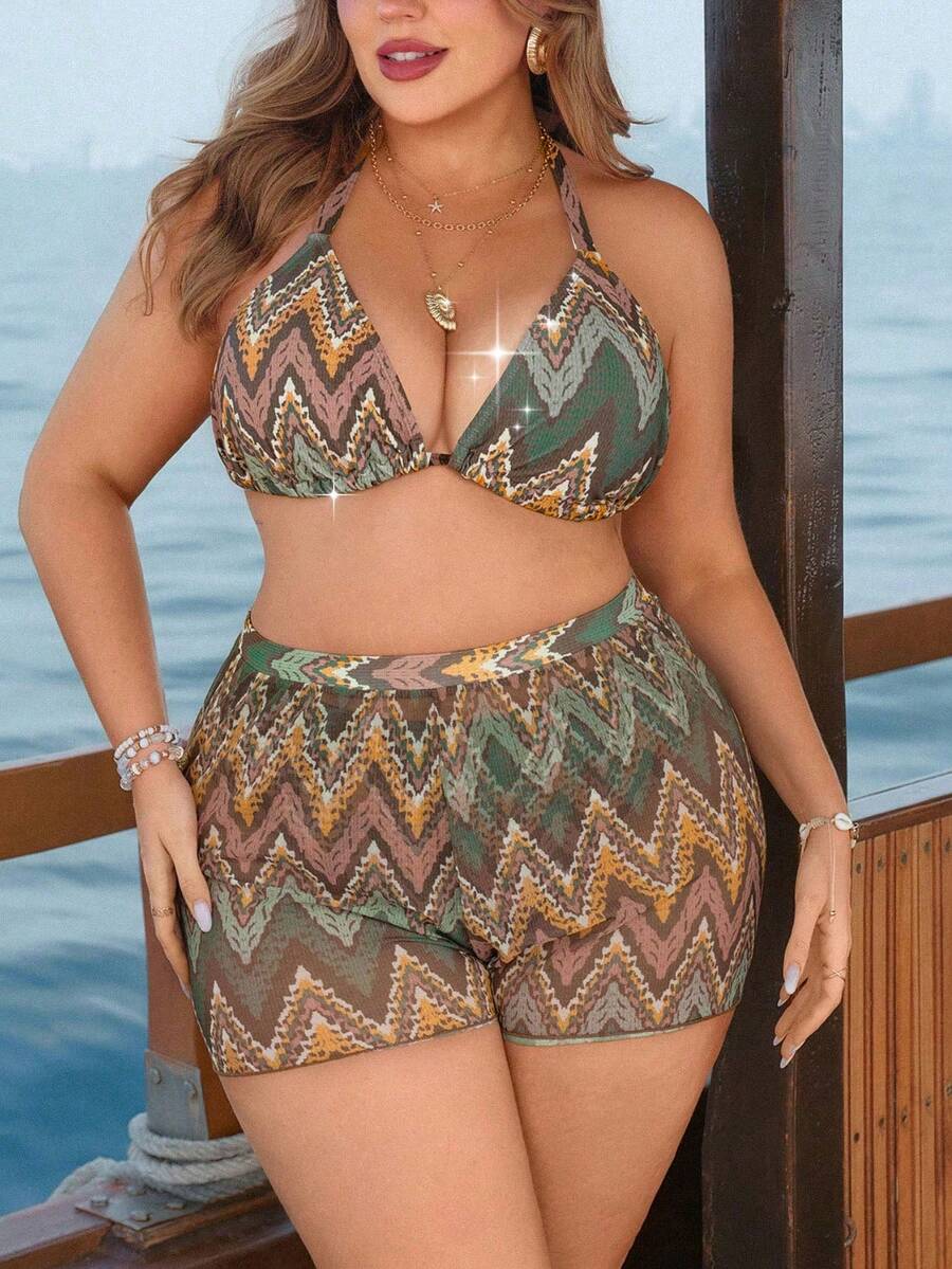 Swim Lushoire Plus Size All-Over Print Halter Backless Bikini Set - Multicolor - View 1