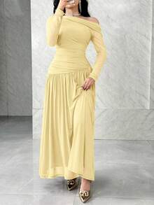 Feyla Women's Solid Color Ruched Asymmetric Waist Elegant Long Dress, Suitable For Dates And Parties - Pale Yellow - View 5