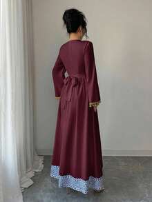 Women's Printed & Sequin Patchwork Round Neck Long Sleeve Arabic Style Dress - Burgundy - View 4
