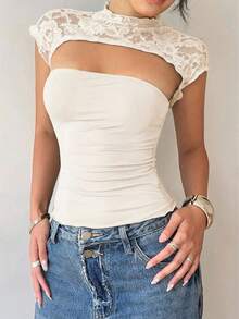 Siren Gaze Women's Lace Patchwork Hollow Out Blouse, Summer - Apricot - View 3