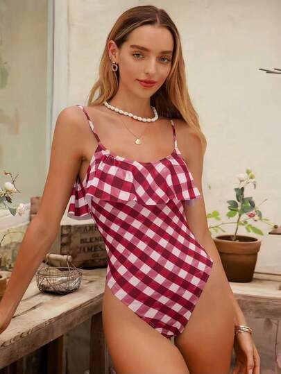 Swim Mod Women's Red & White Plaid Spaghetti Strap Sexy Beach Vacation One-Piece Swimsuit