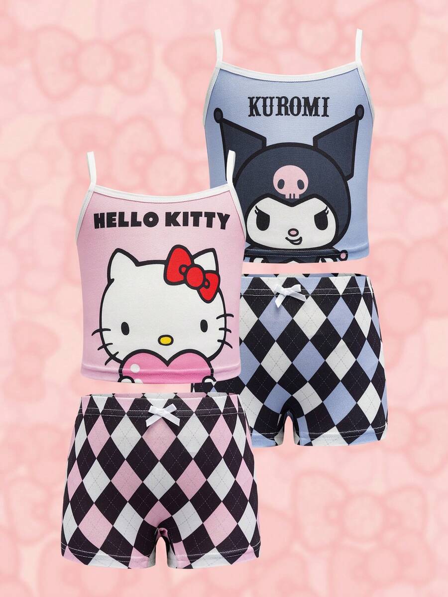 HELLO KITTY AND FRIENDS | SHEIN 少女卡通印花休闲内衣套装 - 粉色 - 查看 1