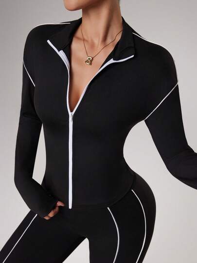 Dewbera Veste de sport décontractée à manches longues, zippée, ajustée, avec rayures bicolores pour femmes. Idéale pour l'automne/hiver, le port quotidien, la course à pied, le yoga