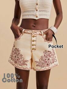Travachic 女士休闲宽松牛仔短裤，腰果印花，纽扣门襟和口袋 - 卡其色 - 查看 2