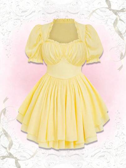 Sweetra Plus Size Fashionable Square Neck Frill Trim Puff Sleeve Fitted A-Line Dress