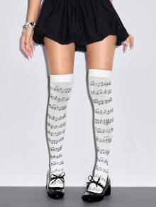 1 pieza Calcetines largos hasta la rodilla con diseño de estampado de notas musicales en estilo retro universitario Y2K para millennials, calcetines de mujer de moda, sencillos y versátiles, adecuados para ir al trabajo, fiestas, vacaciones, fotos, etc. - Blanco - Ver 1