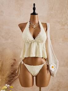 Bellisia Women's Summer Beach Contrast Lace Front Tie Halter Tankini Swimsuit Set - Light Yellow - View 1