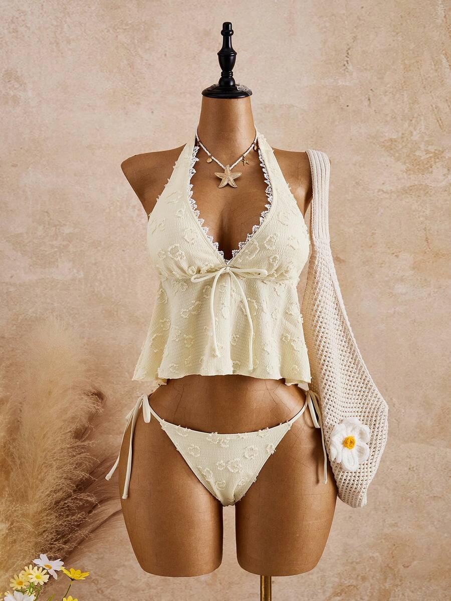 Bellisia Women's Summer Beach Contrast Lace Front Tie Halter Tankini Swimsuit Set - Light Yellow - View 1
