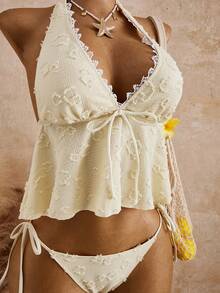 Bellisia Women's Summer Beach Contrast Lace Front Tie Halter Tankini Swimsuit Set - Light Yellow - View 4