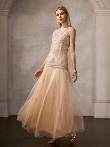 MOTF PREMIUM 女士礼服网纱拼接A字连衣裙 - 杏色 - 查看 5