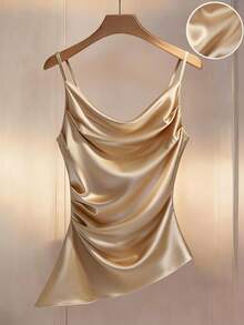 Franclia 女士优雅时尚简约百搭通勤休闲无袖上衣，不对称下摆，带折扣肩带 - 香檳色 - 查看 1