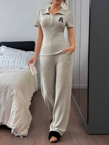Napfluff Collared Half-Zip A-Line Embroidered Short Sleeve Pants Women Pajama Set - Khaki - View 6
