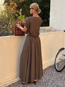 Livesso Brown Round Neck Short Sleeve Top And Casual Skirt 2 Pieces Set, Suitable For Summer Vacation Lounge Sets For Women - Coffee Brown - View 2