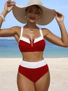 Swim Lushoire Bộ bikini nữ mùa hè, kiểu dáng thường ngày, cổ chữ V, phối màu đen trắng, thích hợp đi biển. - Đỏ - Xem 3