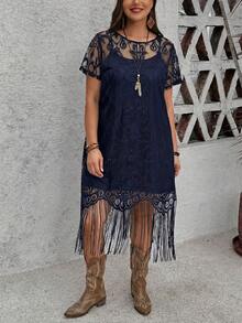 SHEIN LUNE Plus Size Solid Color Round Neck Short Sleeve Lace Tassel Dress - Navy Blue - View 8