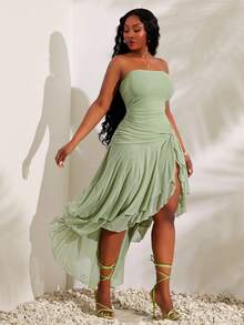 SHEIN SXY 大码优雅纯色扭结不对称下摆抹胸连衣裙，夏季 - Limelight Green - 查看 6