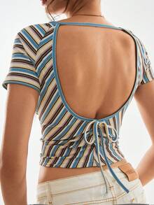 Poéselle 法式罗纹针织圆领插肩袖修身条纹短款上衣 - 彩色 - 查看 6