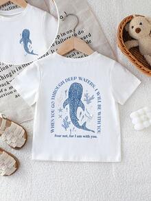 SHEIN Explorewe 女童贝壳和可爱鲨鱼图案印花圆领短袖T恤，时尚休闲，适合春夏各种场合，如派对、节日、郊游等。 - 白色 - 查看 2