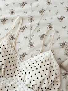 SHEIN Teen Girls Black & White Polka Dot Lace Camisole, Elegant White Lace Trim Camisole, Suitable For Summer, Vacation, Casual, Home, BM Style - Apricot - View 3