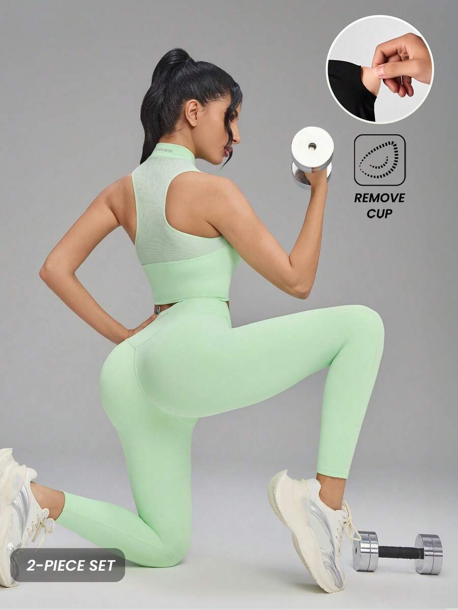 Innovista Women Other Dance Clothes Green Gym Set 2pcs Sleeveless High Neck Bra Tank & High Waist Leggings, Removable Pads, Breathable Mesh Back, Side Pocket Pants, Seamless Stretch, Sculpting Tummy Control, Yoga Pilates Training Run, Pilates Set / Clean Girl Aesthetic / Athleisure / Pocket Leggings / Studio Wear / Airport Outfit / Spring Green - Green - View 1