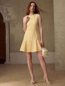 MOTF PREMIUM WOMEN'S LINEN BLEND ROUND NECK SLEEVELESS SHORT CASUAL DRESS, SPRING/SUMMER - Yellow - View 6