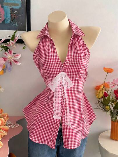 Lalippa Women's Plaid Print Lace Patchwork Halter Backless Blouse
