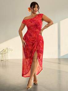 Firerie Vestido de verano elegante de talla grande con estampado floral y cuello asimétrico con abertura - Multicolor - Ver 4