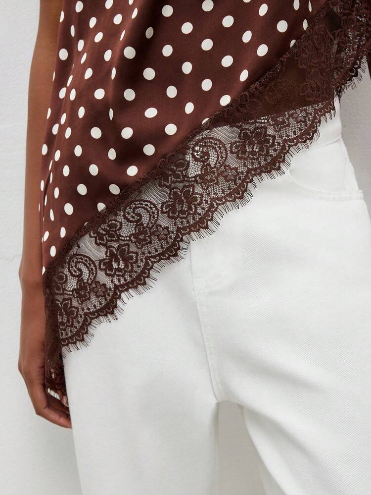 SHEIN Maija Women's Brown And White Polka Dot,Summmer,Elegant,Brunch Asymmetrical Hem Lace Patchwork Blouse,Fashion Party Summer Outfits Beach Top