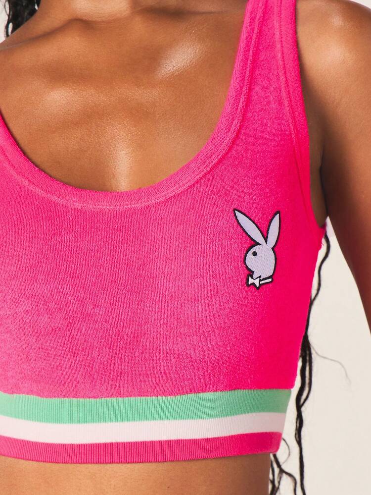 Missguided x Playboy Damski różowy, frotté, skrócony top bez rękawów z logo Bunny Icon, dekoltem w łódkę, letni, swobodny, modny top bez rękawów