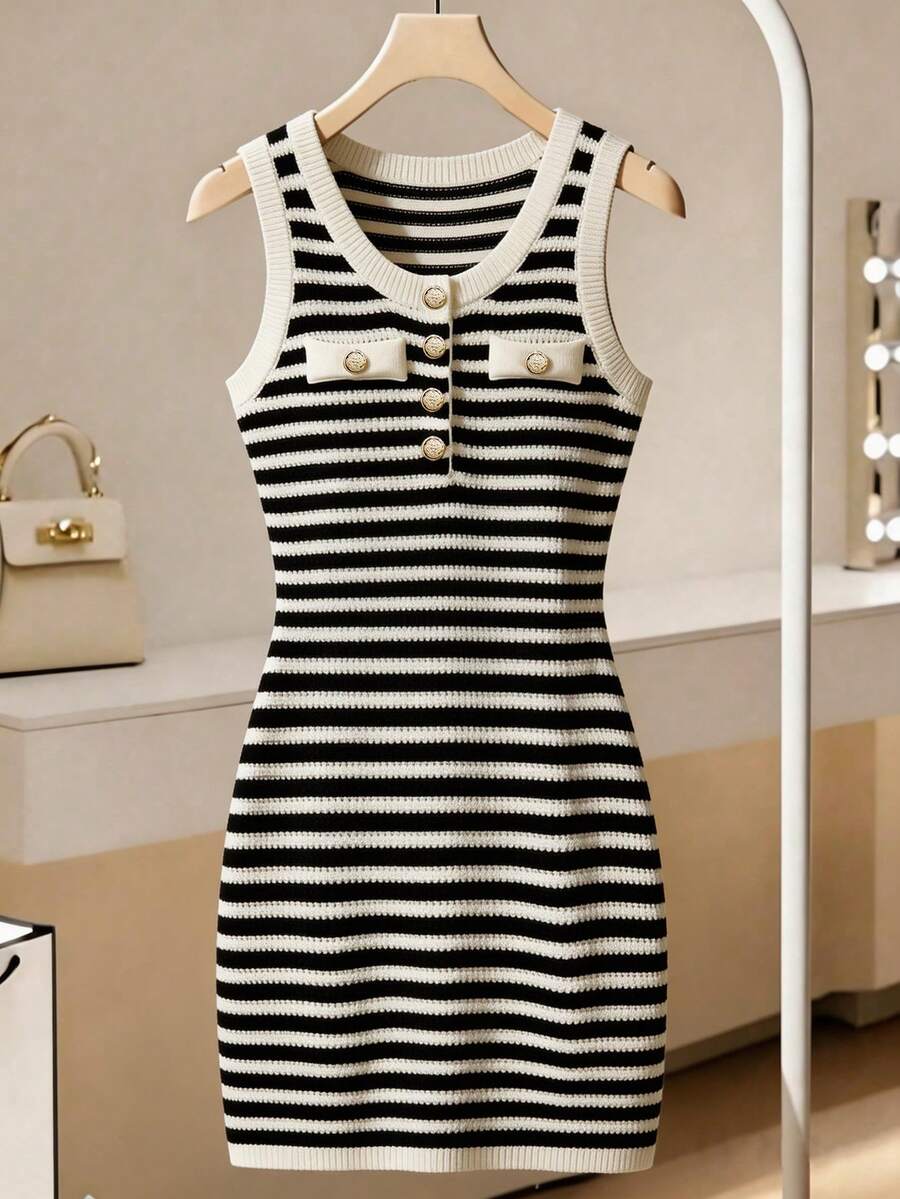 SHEIN Franclia Women's Summer European And American Sexy Vixen High-End Luxurious Design Mature Retro Striped Bodycon Casual/Work Sleeveless Sweater Dress Striped Dress Bodycon Dress Mini Dress Slim Dress Sleeveless Dress - Black and White - View 1