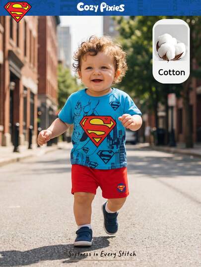 SUPERMAN X Cozy Pixies 2pcs Baby Boy Graphic Knit Soft Round Neck Short Sleeve Top And Elastic Waist Shorts Set
