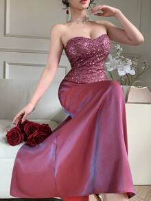 DAZY 女士优雅亮片抹胸上衣和半裙两件套，夏季 - 紫色 - 查看 6