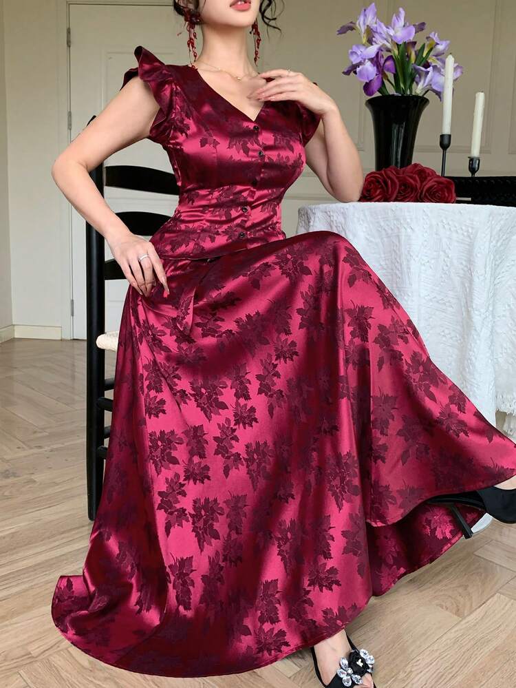 Women's Elegant Floral Ruffle Trim Blouse And Tie Waist Skirt 2 Pieces Set, Summer