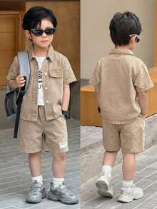 Bộ 2 món áo sơ mi và quần short denim kaki cho bé trai - Màu Khaki - Xem 1