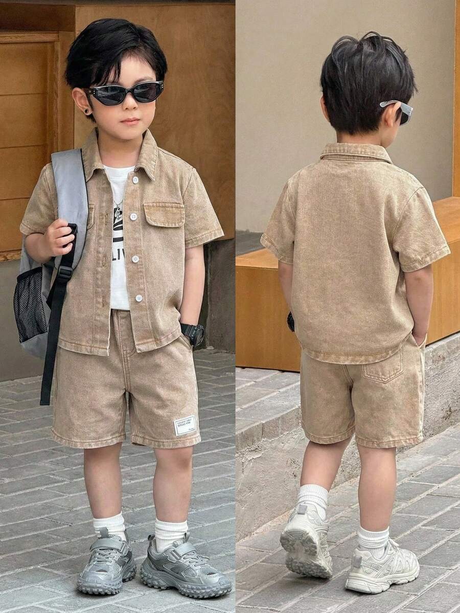 Bộ 2 món áo sơ mi và quần short denim kaki cho bé trai - Màu Khaki - Xem 1